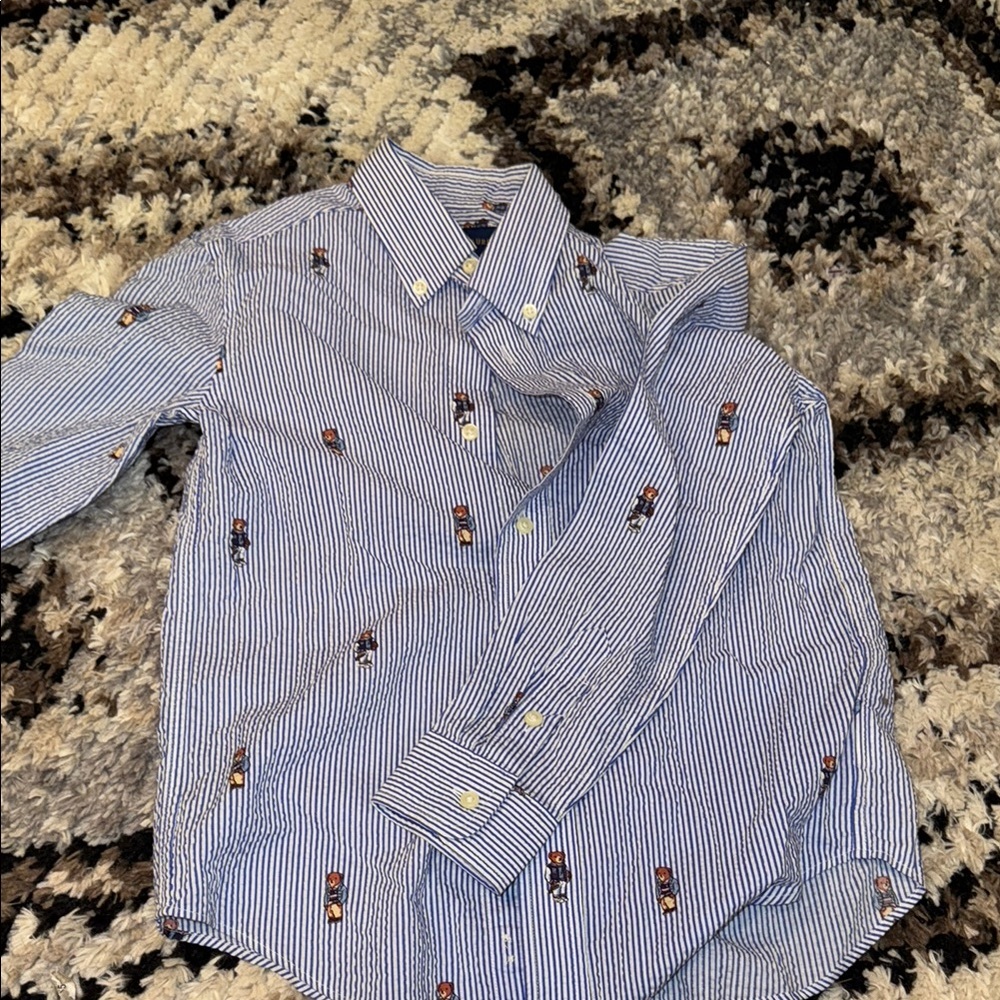 Ralph Lauren Boy’s Blue and White Striped Seersucker Bear Printed Button Down - Picture 2 of 4